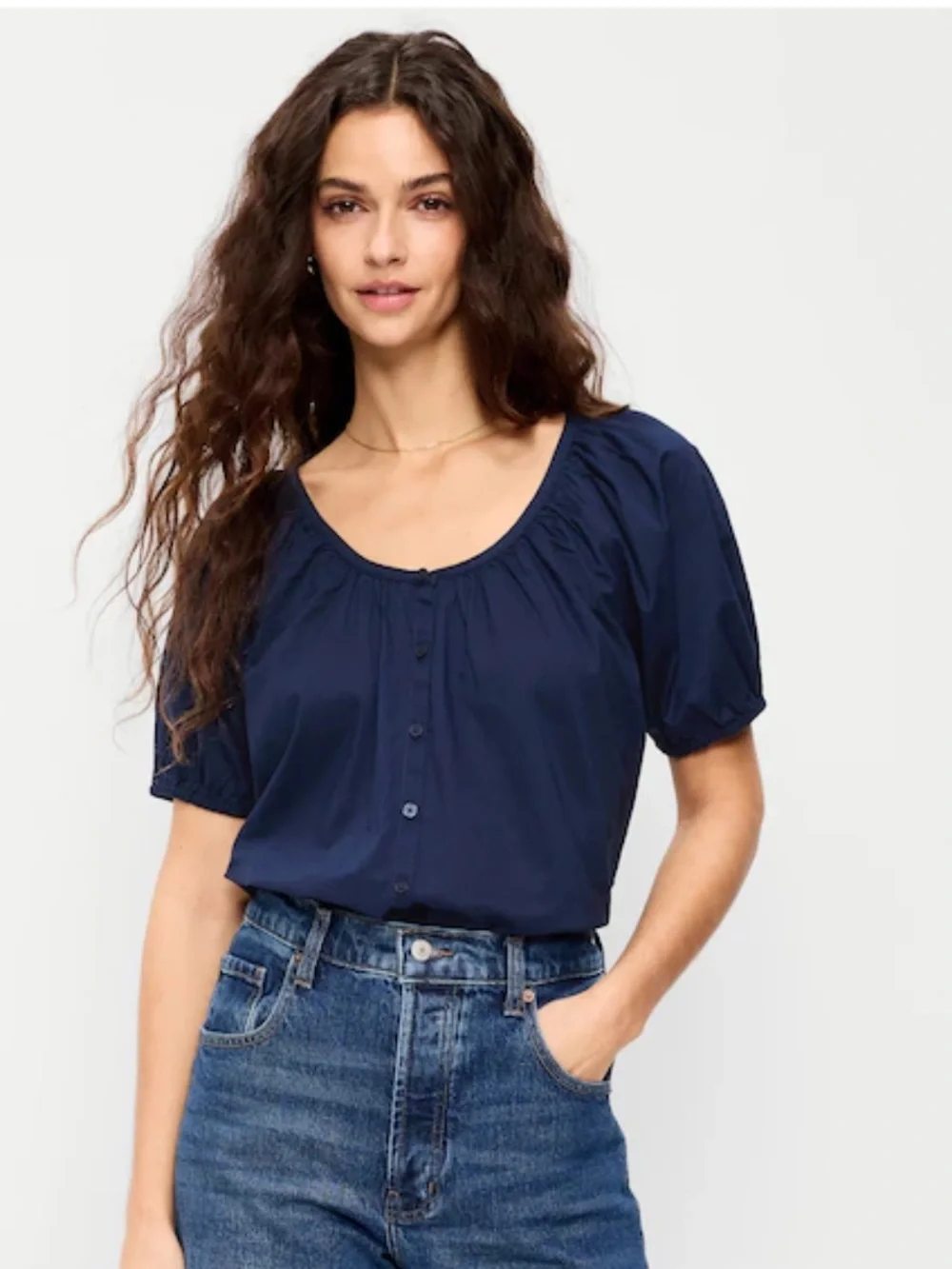 NWT Old Navy Navy Scoop-Neck Puff-Sleeve Button Blouse Size Large 100% Cotton